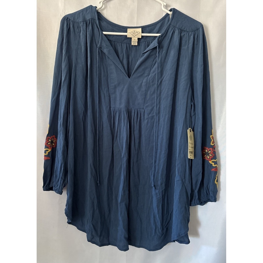 Blue Embroidered Long Sleeve V‎ Neck Blouse Loose Fit Women's S  Peasant Boho